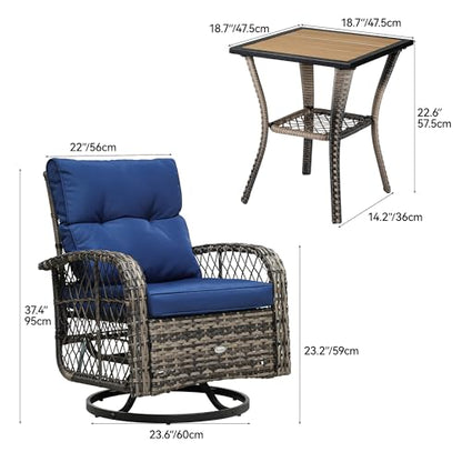 YITAHOME 3 Piece Patio Outdoor Swivel Glider Rocker Wicker Patio Bistro Rocking Set with Wood-Grain Table for Garden, Backyard and Balcony (Navy Blue) - WoodArtSupply