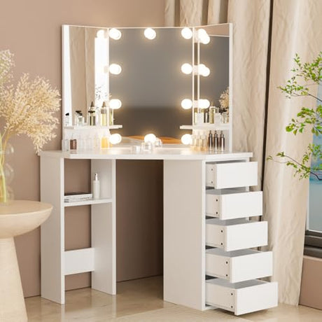 Likein Corner Makeup Vanity Desk with Mirror and Lights, Bedroom Vanity Table with Lighted Mirror 5 Drawers and Storage Shelf for Women Girls White Likein