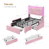 HAUOMS Twin Bed Frame with 3 Drawers, Storage Headboard with Charging Station & LED Lights, Velvet Upholstered Twin Size Girl Bed with Heavy Duty Metal Slats, No Box Spring Needed, Noise Free, Pink HAUOMS