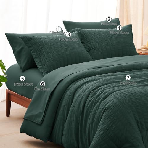CozyLux Full Size Comforter Sets with Sheets Seersucker 7 Pieces Forest Green Bed in a Bag Textured Luxury Soft Bedding Set with Down Alternative Comforter, Sheets, Pillowcases & Shams for All Seasons CozyLux