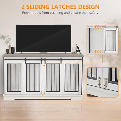 Yafylly 60.6"‌ Double Dog Crate Furniture, Heavy Duty Dog Kennel with Divider, Durable Dogs Crate as TV Stand with Sliding Door, XXL Wooden Dog Kennel for 2 Dogs (White Yafylly
