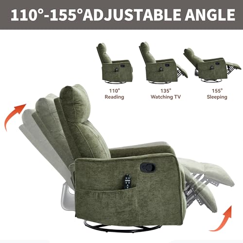 High Back Massage Recliner with Heat - Swivel Rocking Chair for Small Spaces, Manual Lazy Boy Recliner for Adults, Perfect for Living Room & Bedroom, Soft Fabric (Antique Green)