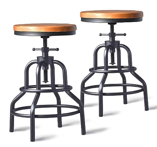 Diwhy Industrial Vintage Bar Stool,Kitchen Counter Height Adjustable Screw Stool,Swivel Bar Stool,Metal Wood Stool,27 Inch,Fully Welded Set of 2