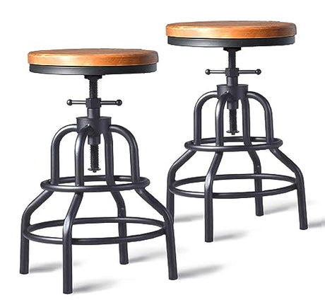 Diwhy Industrial Vintage Bar Stool,Kitchen Counter Height Adjustable Screw Stool,Swivel Bar Stool,Metal Wood Stool,27 Inch,Fully Welded Set of 2 Diwhy