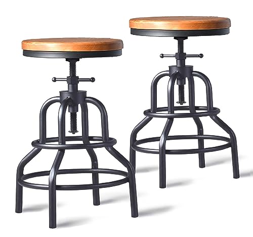 Diwhy Industrial Vintage Bar Stool,Kitchen Counter Height Adjustable Screw Stool,Swivel Bar Stool,Metal Wood Stool,27 Inch,Fully Welded Set of 2 - WoodArtSupply