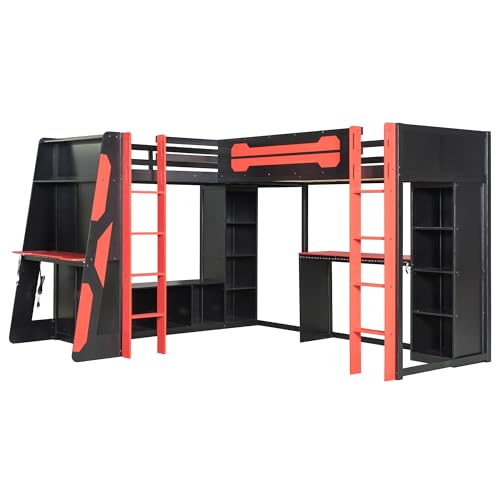 Merax Twin Size Gaming Loft Bed with Desk, TV Stand and Storage Shelves, Solid Wood Dual Twin Bed Frame with RGB LED Lights & USB Ports for Teens Bedroom, Space-Saving Design, Reversible Layout, Red Merax