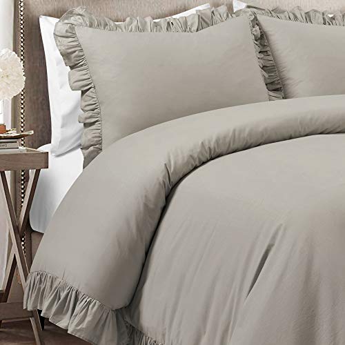 Lush Decor Reyna Ruffle Cotton Duvet Cover Set 3 Piece Set Full/ Queen, Gray - Queen Size Bedding Set - Gray Duvet Queen- Ruffled Bedding - Coquette Decor Lush Decor