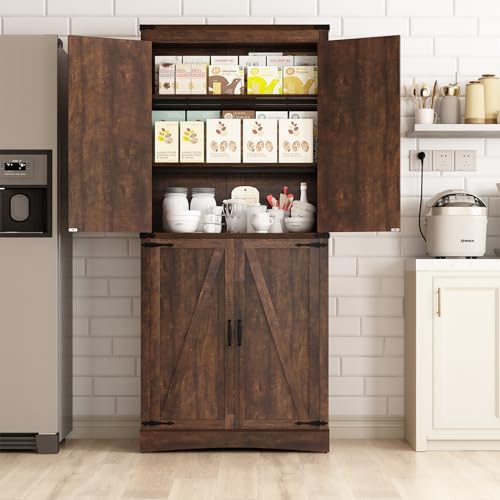 Farmhouse Tall Kitchen Pantry Cabinet with Adjustable Shelves and Barn Doors - 71" Brown Storage Solution Hlivelood