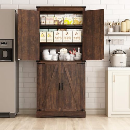 Farmhouse Tall Kitchen Pantry Cabinet with Adjustable Shelves and Barn Doors - 71" Brown Storage Solution - WoodArtSupply