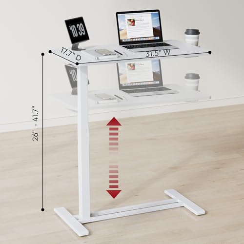 SANODESK Mobile Standing Desk with Hidden Wheels,Pneumatic Laptop Desk Rolling Computer Cart Movable Height Adjustable Small Sit Stand Desk for Home Office(31.5" W x 15.7" D,White) SANODESK