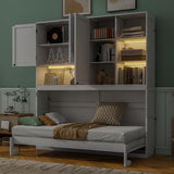 SOFTSEA Twin Size Horizontal Murphy Bed with Bookcase, LED Light and USB Charging Station, Space-Saving Hideaway Wall Bed Frame, White SOFTSEA