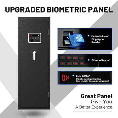EMAXEE 7-8 Biometric Gun Safe Rifle, Large Gun Safes for Home Rifle and Pistols with Upgraded Control Panel and LED Light, Quick Access Fingerprint Gun Cabinet with Removable Shelf and Gun Racks EMAXEE