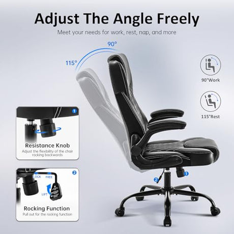 amseatec Office Chair, Executive PU Leather Chair Home Office Desk Chairs, Ergonomic Computer Desk Chair with Adjustable Flip-Up Arms, Lumbar Support Swivel Task Chair with Rocking Function (Black) amseatec