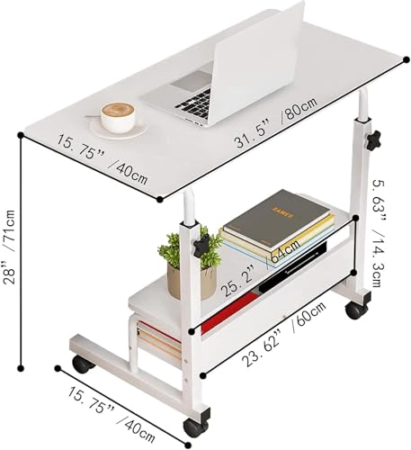 Adjustable Height Mobile Computer Desk for Small Space Rolling Writing with Wheels Corner Home Office Study Portable Bedrooms Work Size 31.5 Inch Storage Gaming Table, White D Dekhaoxe