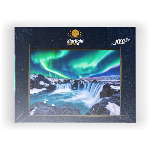 MyPuzzle Northern Lights Over Godafoss Waterfall in Iceland - Premium 1000 Piece Jigsaw Puzzle for Adults