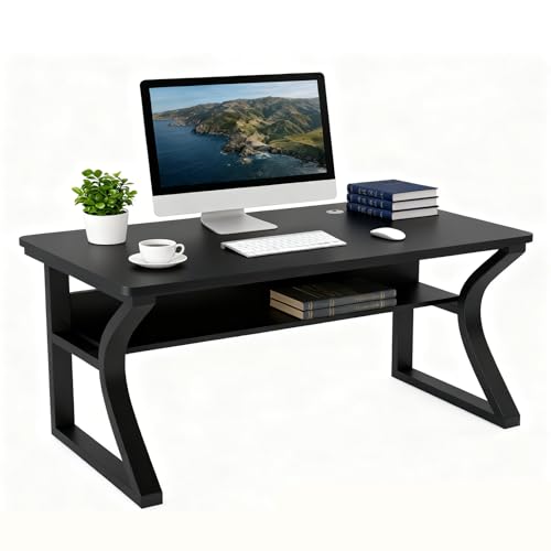 Aevum azn 47 inch Computer Desk, Home Office Desk with Storage Shelf, Sturdy U-Shaped Metal Frame Study Table with Cable Management, Gaming Desk for Office & Bedroom (Black, 47 inch) Aevum azn
