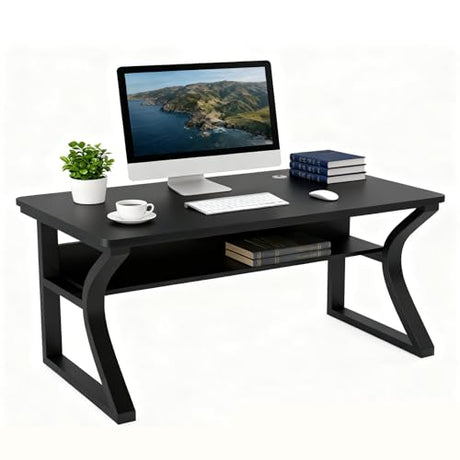 Aevum azn 47 inch Computer Desk, Home Office Desk with Storage Shelf, Sturdy U-Shaped Metal Frame Study Table with Cable Management, Gaming Desk for Office & Bedroom (Black, 47 inch) Aevum azn