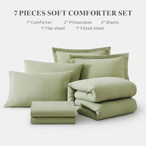 WRENSONGE King Size Comforter Set- 7 Pieces Soft Sage Green Bed in a Bag King with Fitted Sheet, Flat Sheet, 2 Pillow Shams, and 2 Pillowcases- Warm Bed Set for All Season WRENSONGE