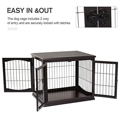 PawHut Dog Crate Furniture, Small Dog Cage End Table with Two Opening Sides, Lockable Door, Puppy Kennel Indoor, Cute and Decorative, Coffee - WoodArtSupply