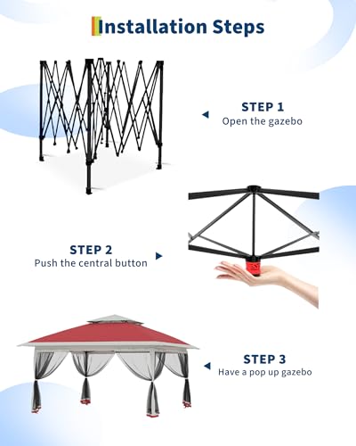 Canopy Tent 12x12 ft, Pop Up Gazebo One-Push Setup with 4 SandBags for Backyard Parties and BBQs, Mosquito Netting & Height Adjustable - Red GarveeLife