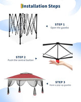 Canopy Tent 12x12 ft, Pop Up Gazebo One-Push Setup with 4 SandBags for Backyard Parties and BBQs, Mosquito Netting & Height Adjustable - Red GarveeLife
