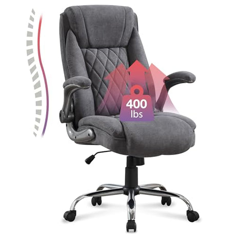Big and Tall Fabric Office Chair 400lbs High Back Executive Computer Desk Chair with Flip Up Armrest, Breathable Fabric Adjustable Height Ergonomic Home Office Heavy Duty KWKSV