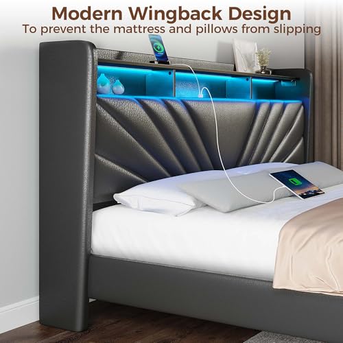 Rolanstar King Size Bed Frame, Storage Headboard with Charging Station and LED Lights, Upholstered Bed with Heavy Duty Wood Slats, No Box Spring Needed, Noise Free, Easy Assembly, Black Rolanstar