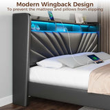 Rolanstar King Size Bed Frame, Storage Headboard with Charging Station and LED Lights, Upholstered Bed with Heavy Duty Wood Slats, No Box Spring Needed, Noise Free, Easy Assembly, Black Rolanstar