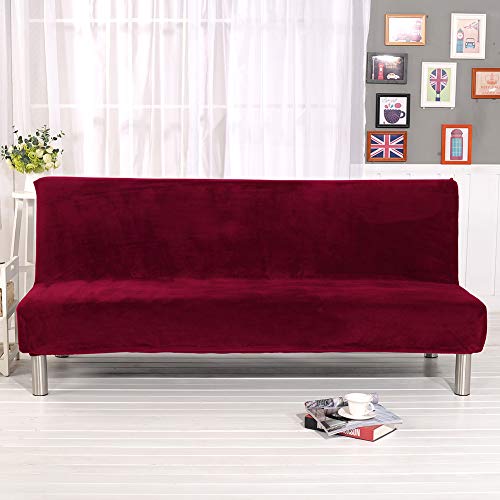 MIFXIN Armless Sofa Bed Cover Stretch Futon Slipcover Plush Thicker Solid Color 3 Seat Full Folding Sofa Couch Futon Furniture Protector Cover Without Armrests (Red) MIFXIN