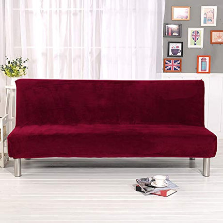 MIFXIN Armless Sofa Bed Cover Stretch Futon Slipcover Plush Thicker Solid Color 3 Seat Full Folding Sofa Couch Futon Furniture Protector Cover Without Armrests (Red) MIFXIN