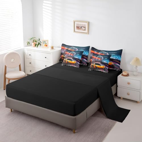 Feelyou Boys Race Car King Size 7 Piece Bedding Set Kids Racing Car Comforter Set with Sheets, Pillowcases & Cushion Cover Feelyou