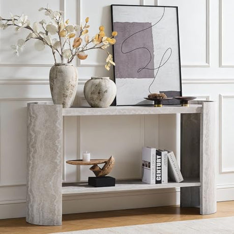 BFJDM 53" Faux Travertine Stone Console Table for Entryway, 2-Tier Sofa Entrance Table with Faux Mars Marble Pattern, Modern Sofa Tables with Storage Shelf for Living Room, Hallway, Foyer, Beige BFJDM