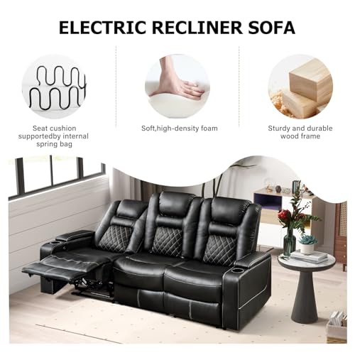 CANMOV Home Theater Seating Seats, Theater Recliner Chair Sofa, PU Leather 3 seat Power Recliner Sofa with Cup Holders, Hidden Arm Storage, USB Ports,Black