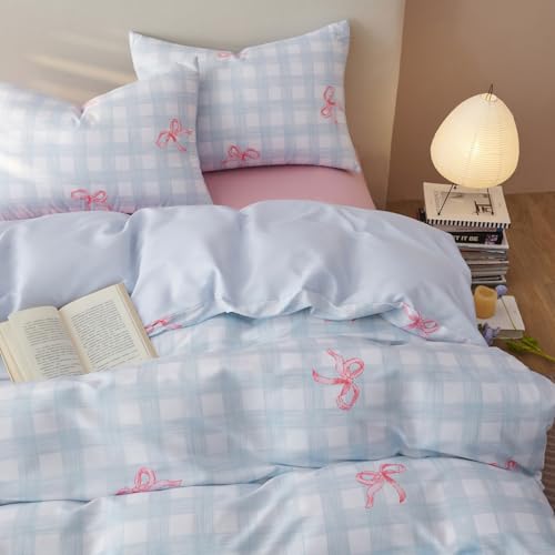 Bildenly Blue Plaid Twin Comforter Set - Pink Bow Quilt Bedding Set 2 Pieces, Gingham Comforter Set Twin Size, Soft & Lightweight Comforter(68‘’ x 90‘’) for Girl All Season & 1 Pillowcase(30‘’x20‘’) Bildenly