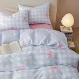 Bildenly Blue Plaid Twin Comforter Set - Pink Bow Quilt Bedding Set 2 Pieces, Gingham Comforter Set Twin Size, Soft & Lightweight Comforter(68‘’ x 90‘’) for Girl All Season & 1 Pillowcase(30‘’x20‘’) Bildenly