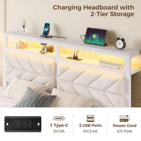 Seventable Bed Frame Full Size with Charging Station, LED Bed with Upholstered Storage Headboard, Metal Platform Bed with Under Bed Storage, No Box Spring Needed, Noise Free, Easy Assembly, White Seventable