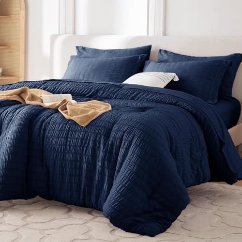 MUXHOMO 7 Pieces Queen Comforter Set, Seersucker Bed in a Bag Queen Size, All Season Luxury Bedding Set with Comforter, Flat Sheet, Fitted Sheet, Pillowcases & Shams, Navy Blue MUXHOMO
