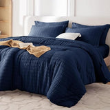 MUXHOMO 7 Pieces Queen Comforter Set, Seersucker Bed in a Bag Queen Size, All Season Luxury Bedding Set with Comforter, Flat Sheet, Fitted Sheet, Pillowcases & Shams, Navy Blue MUXHOMO