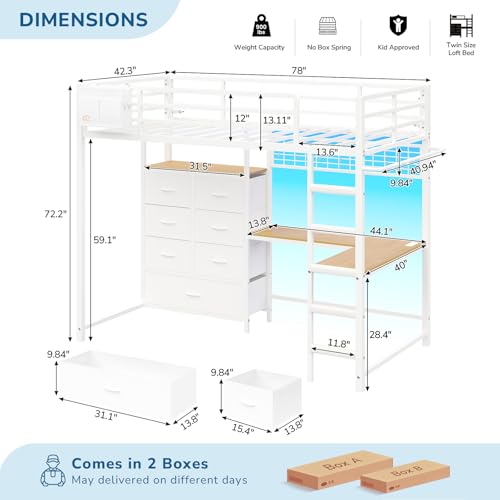Twin Loft Bed with L-Shaped Desk, 7 Storage Drawers, Metal Loft Bed Twin Size with LED Lights and Charging Station, Storage Shelf and Pegboard, Safety Guardrail and Ladder, No Box Spring Needed, White mojiasion