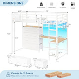 Twin Loft Bed with L-Shaped Desk, 7 Storage Drawers, Metal Loft Bed Twin Size with LED Lights and Charging Station, Storage Shelf and Pegboard, Safety Guardrail and Ladder, No Box Spring Needed, White mojiasion