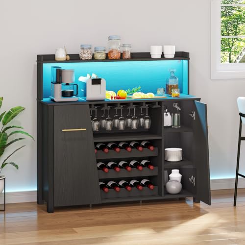 DWVO Bar Cabinet with LED Lights, 47'' Sideboard Buffet Coffee Bar Cabinet with Wine Rack and Glass Holder, Liquor Cabinet with Adjustable Shelf for Living Room, Kitchen, Dining Room, Black - WoodArtSupply