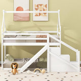 Merax House Shaped Junior Bunk Bed Frame Twin Over Twin with Slide and Storage Stairs, Wood Low Bunkbed with Full-Length Guardrails and Roof Design for Teens, Boys, Girls, No Box Spring Needed, White Merax