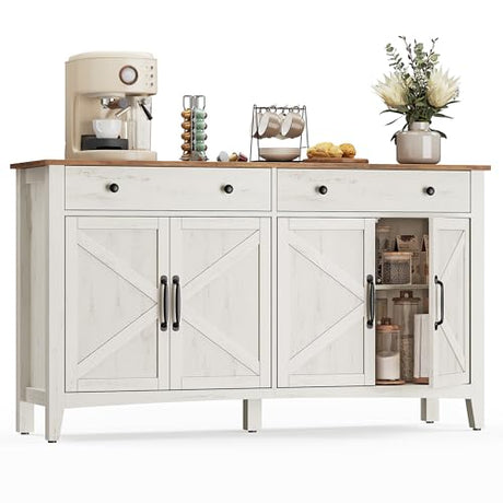 VASAGLE LIRY Collection - Buffet Cabinet, Coffee Bar Cabinet with 2 Drawers, Adjustable Shelves, Sideboard Storage with Cable Holes, Drawer Dividers, Rustic White and Honey Brown UBBK381W01 VASAGLE
