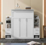 Ball & Cast Queen Size Murphy Bed,Murphy Bed Cabinet W/ 2 Four-Layer Shelves and 4 Drawers,Wall Bed W/LED Lights & Handle,Wood Folding Hidden Bed Frame for Guest Room,Bedroom,Living Room,White Ball & Cast