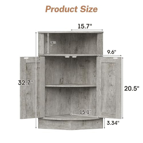 Vabches Corner Storage Cabinet, Farmhouse Small Floor Corner Cabinet with Barn Door and Adjustable Shelf, Narrow Cabinet Organizer for Bathroom,Pantry, Living Room, Kitchen, Grey Vabches