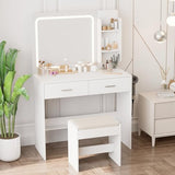 Hogxp Makeup Vanity with Lighted Mirror & Electrical Outlet - 2 Shelves, 2 Drawers, Bottom Storage - Comes with Upholstered Stool （White） Hogxp