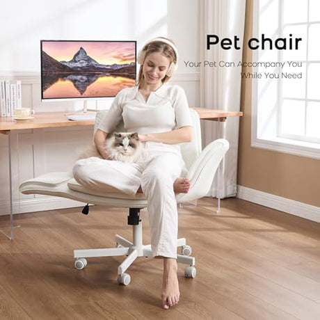 amseatec Criss Cross Chair with Armrests & Wheels, PU Leather Vanity Chair, Comfortable Adjustable Swivel Computer Office Desk Chairs for Home, Make Up, Bed Room (White) amseatec