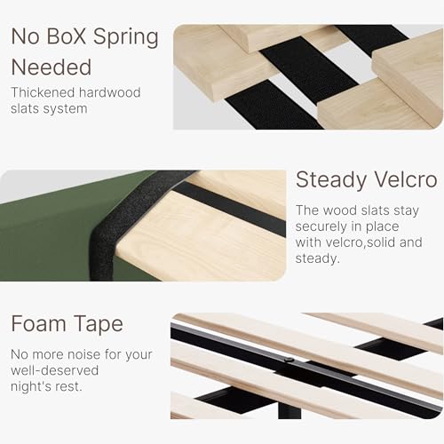 KISLOT Full Size Bed Frame, Velvet Upholstered Platform Bed Mattress Foundation, with Vertical Channel Tufted Wingback Headboard, Strong Wood Slat, No Box Spring Needed, Green KISLOT