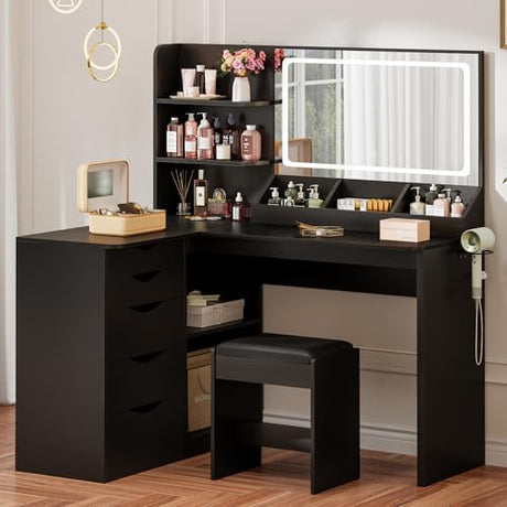 Furmax Vanity Desk with Mirror, L Shape Vanity, LED Lighted Mirror, with Power Outlet and 3 Storage Shelves, Makeup Table with 5 Drawers, 3 Color Modes, for Bedroom(Black) Furmax