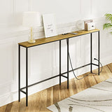 SONGXIN 63 Inch Console Table with Power Outlet,Modern Narrow Long Sofa Table Behind Couch,Skinny Entry Table with Black Metal Frame for Entryway,Living Room, Hallway,3D Oak SONGXIN